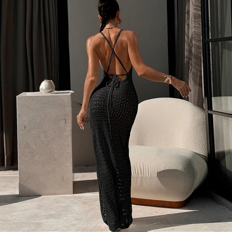 Sexy Backless Lace Up Long Bandage Knit Dress Women Side Slit Beach Dress Sheer Crochet Bikini Cover-Up Swimsuit Female Swimwear