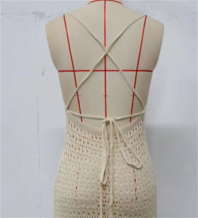 Sexy Backless Lace Up Long Bandage Knit Dress Women Side Slit Beach Dress Sheer Crochet Bikini Cover-Up Swimsuit Female Swimwear