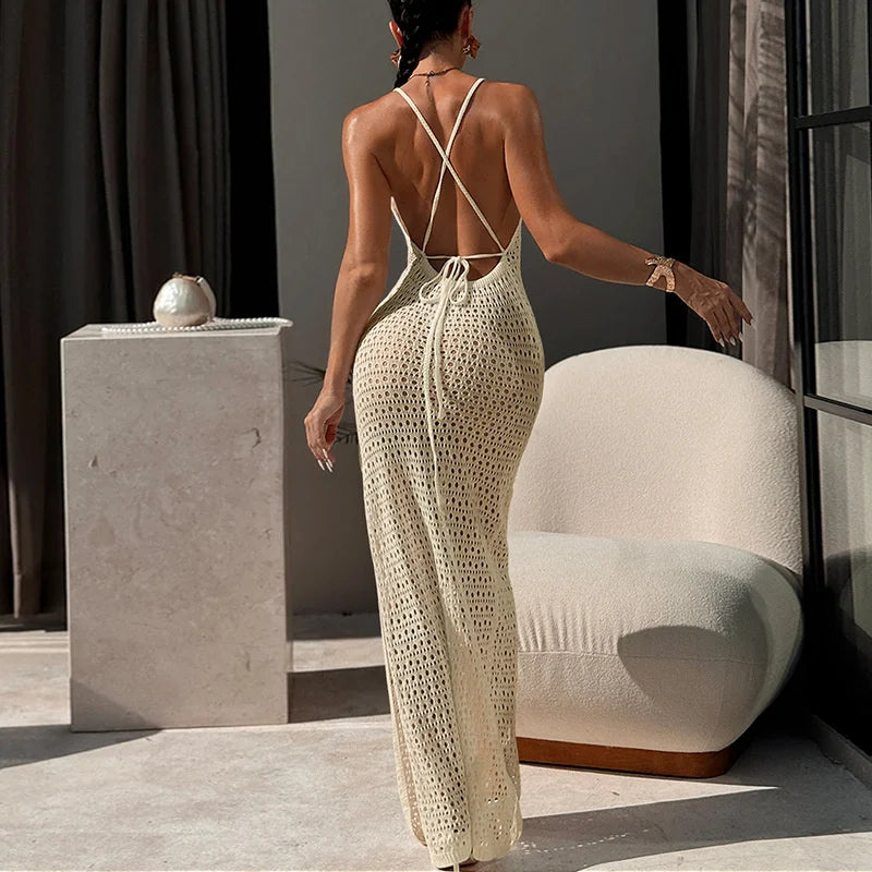 Sexy Backless Lace Up Long Bandage Knit Dress Women Side Slit Beach Dress Sheer Crochet Bikini Cover-Up Swimsuit Female Swimwear