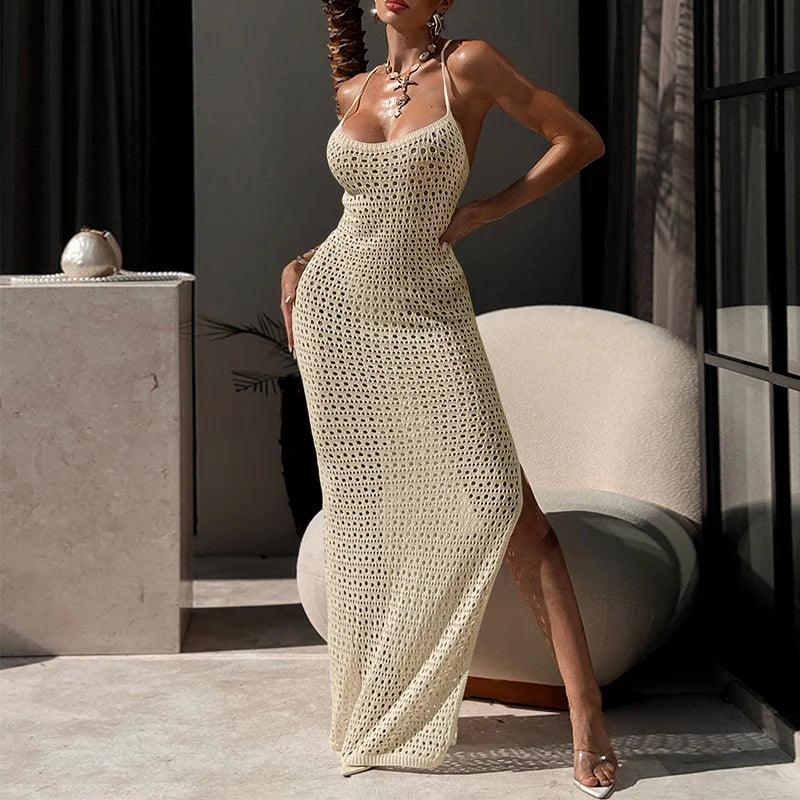 Sexy Backless Lace Up Long Bandage Knit Dress Women Side Slit Beach Dress Sheer Crochet Bikini Cover-Up Swimsuit Female Swimwear