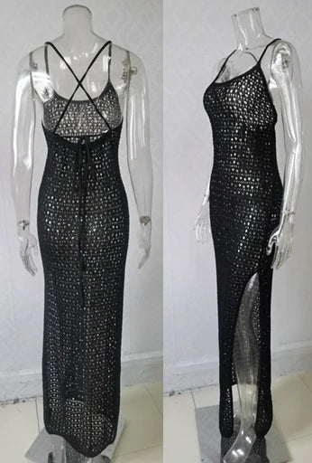 Sexy Backless Lace Up Long Bandage Knit Dress Women Side Slit Beach Dress Sheer Crochet Bikini Cover-Up Swimsuit Female Swimwear
