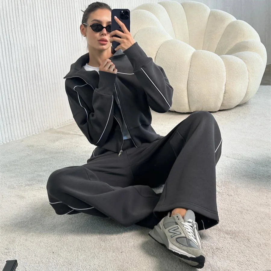 European And American Casual Suit Long-sleeved Zipper Cardigan Loose Striped Sweatshirt Elastic Wide-leg Pants Two-piece Set
