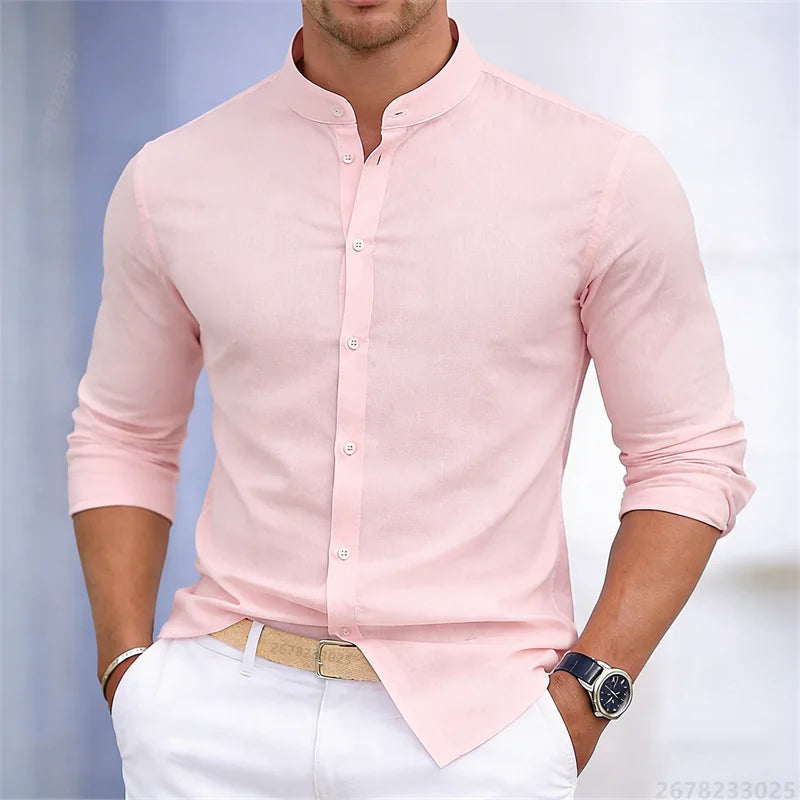 Men's Stand-Up Collar Long-Sleeve Shirt - Slim Fit Casual Business Shirt