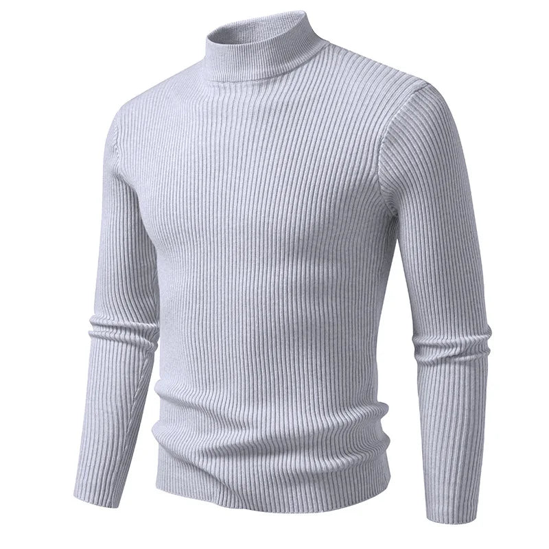 Slim Fit Men's Knitted Sweater Half High Collar Solid Color Base Layer