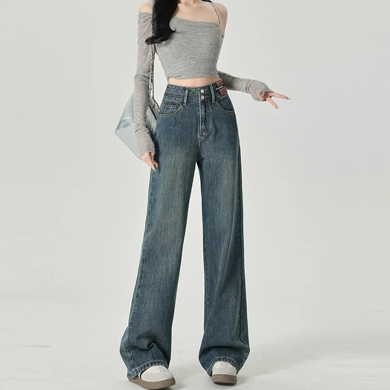 Women's High-Waisted Wide-Leg Jeans with Double-Button Closure