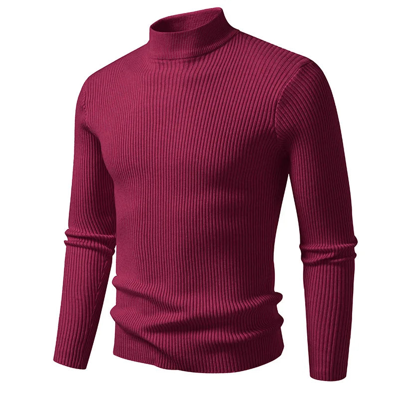Slim Fit Men's Knitted Sweater Half High Collar Solid Color Base Layer