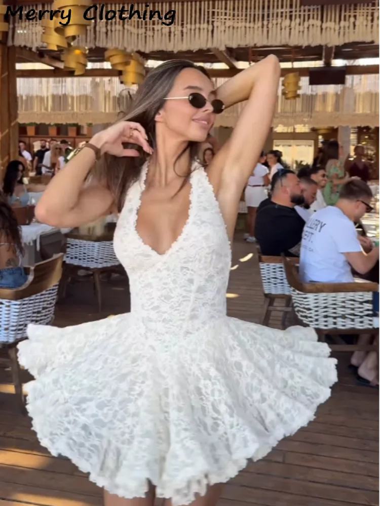V Neck Halter Lace Mini Skirt Women Fashion Waist Cinched A Line Dress Backless Sleeveless Short Vestidos Summer Lady Dresses