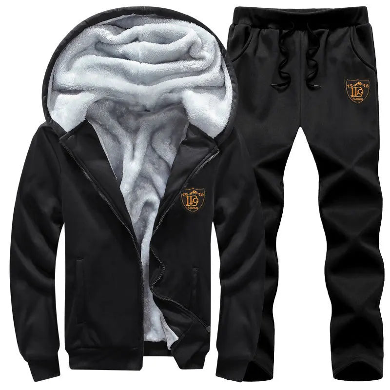 Men's Hooded Fleece-lined Open-front Cardigan And Casual Pants Two-piece Set for Autumn And Winter Thickened Long Sleeve Poly...