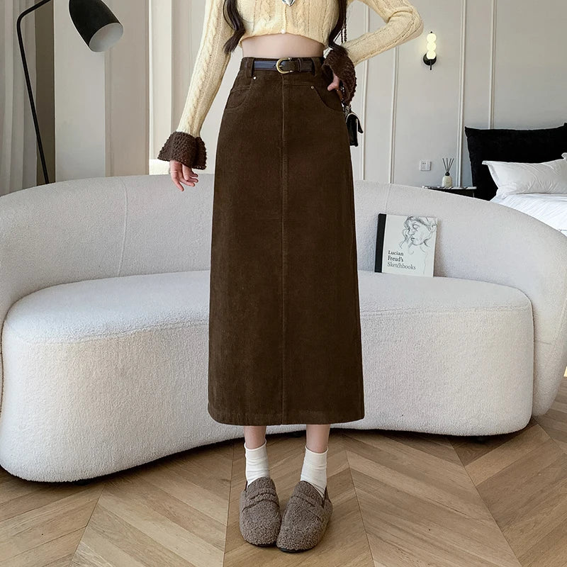Winter Corduroy Women's Long Skirt Woman Vintage High Waist Wrap Cargo Bodycon Skirts With Belt A-line Black Brown Faldas Largas