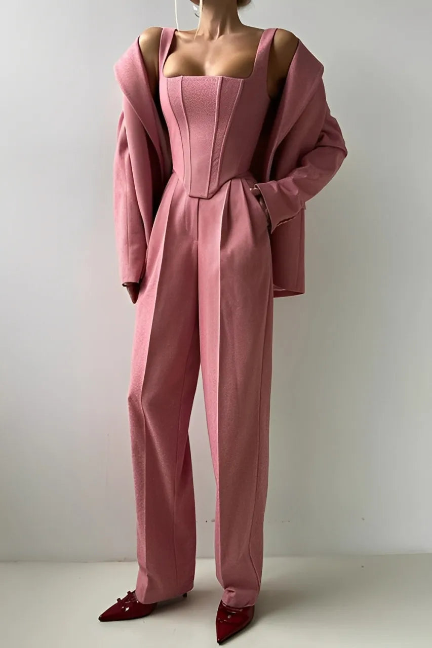 Fishbone Top Blazer Pants Sets 3 Pieces For Women Solid One Button Jacket Crop Tops High Waist Pocket Pant Lady Office Set