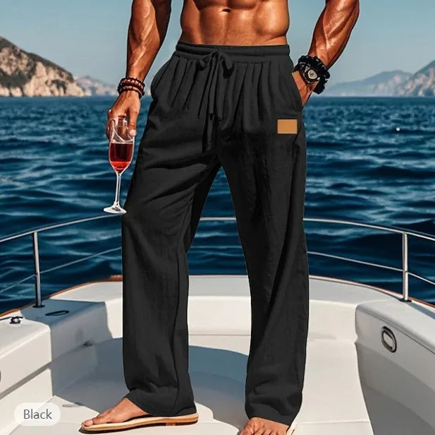 2026 Summer Men's Cotton and Linen Oversized Wide Leg Pants, Men's Artistic Style Elastic Waist Solid Color Casual Loose Pants