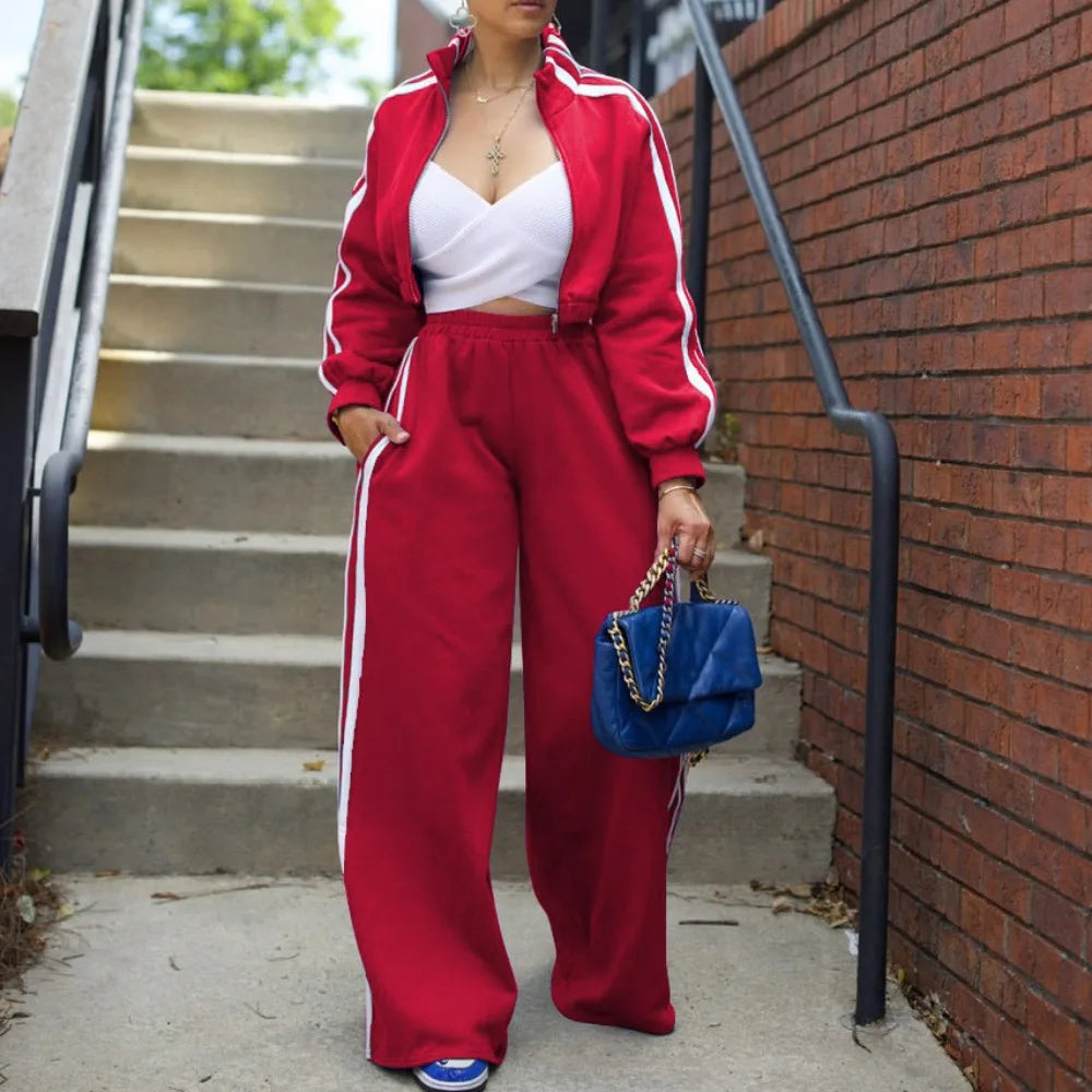 Women's 2-Piece Striped Tracksuit Set – Crop Jacket & Wide-Leg Pants