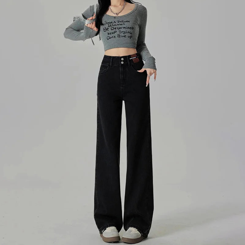 Women's High-Waisted Wide-Leg Jeans with Double-Button Closure