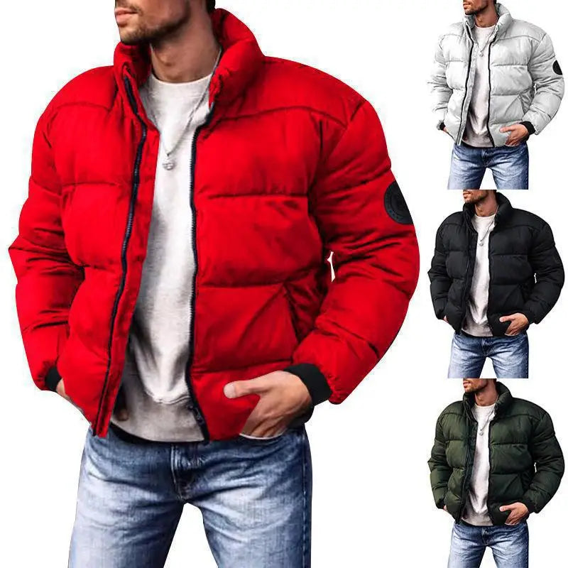 New 2025 Men's Winter Cotton Jacket Thickened down Stand Collar Coat Casual Sporty Polyester Filled Zipper Closure Solid Color