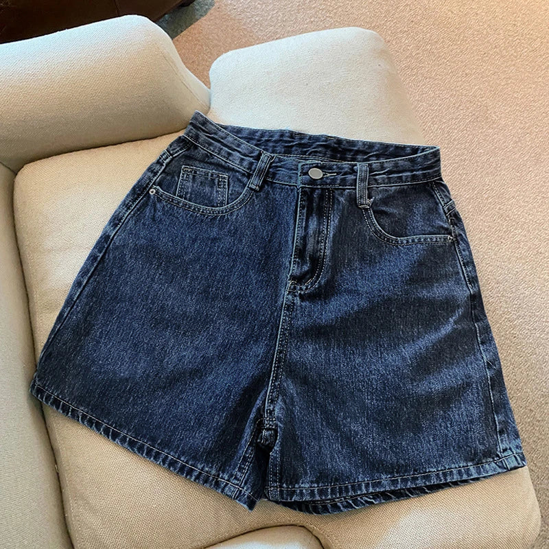 Denim Shorts Women's Summer New Wave High Waist Simple Slim Loose Wide Leg Joker A-pants Casual Straight Leg Pants Jeans
