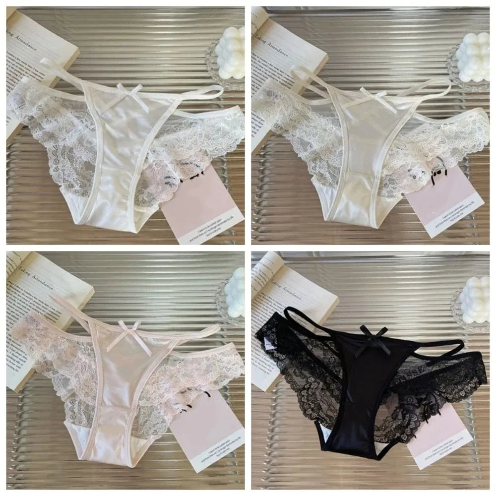 Comfortable Sweet Lace Panties Low Waist Flower Underwear for Women Hollow Cotton Crotch Satin Silk Briefs Female