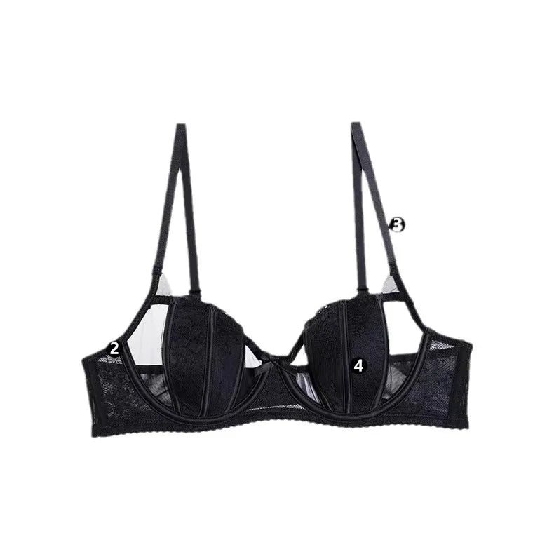 2025 New  Bra French Sexy Lace Underwear Women's Transparent Bra Big Breasts Show Small Upper Support Anti-sagging Bra Set
