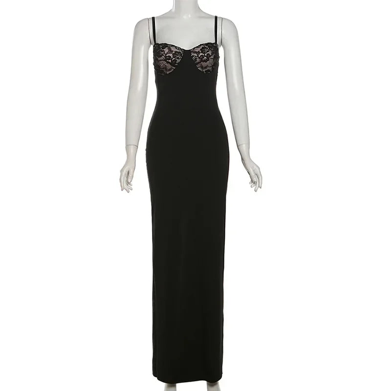 Elegant Black Maxi Dress with Lace Cups and Spaghetti Straps