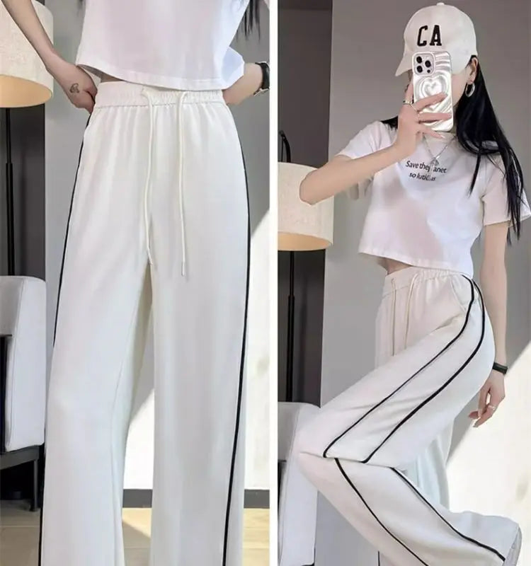 Quick-drying Breathable Ice Silk Wide-leg Women 2025 Summer Thin New Straight-drum Casual Loose White Sports Pants