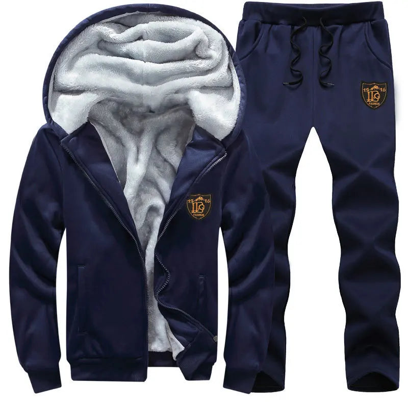 Men's Hooded Fleece-lined Open-front Cardigan And Casual Pants Two-piece Set for Autumn And Winter Thickened Long Sleeve Poly...