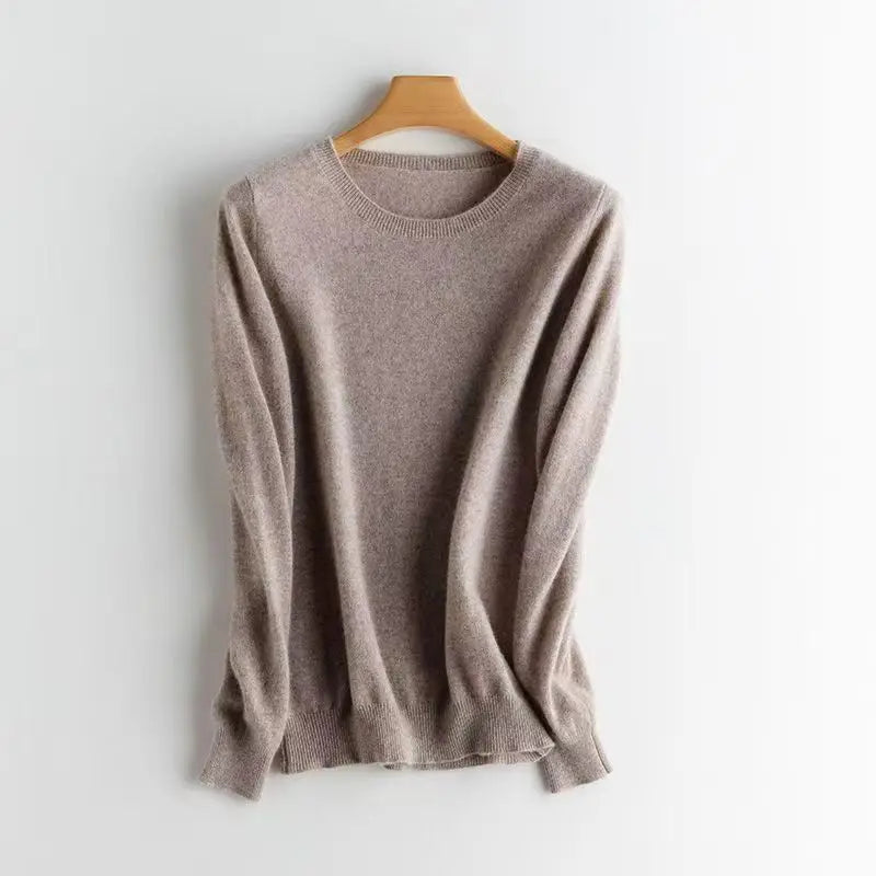 Women's 100% Wool Sweater Style Loose Fitting Pullover AutumnWinter Long Sleeved Solid Color Knit Jumper Round Neck Top