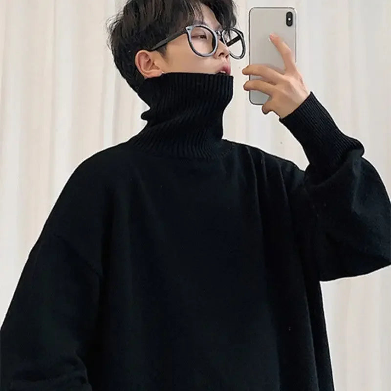 Men's Oversized Turtleneck Sweater - Casual Loose Fit Knitted Pullover