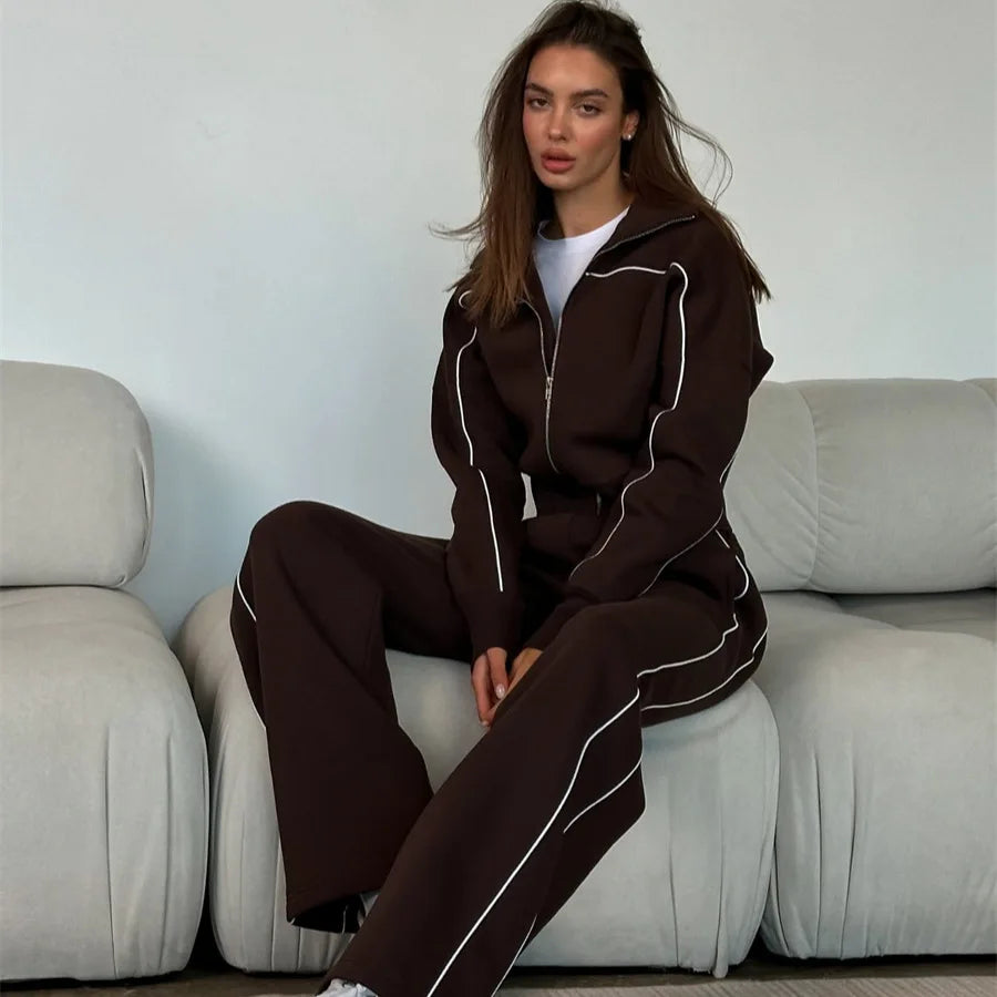 European And American Casual Suit Long-sleeved Zipper Cardigan Loose Striped Sweatshirt Elastic Wide-leg Pants Two-piece Set