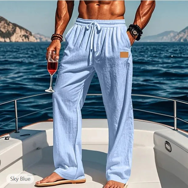 2026 Summer Men's Cotton and Linen Oversized Wide Leg Pants, Men's Artistic Style Elastic Waist Solid Color Casual Loose Pants
