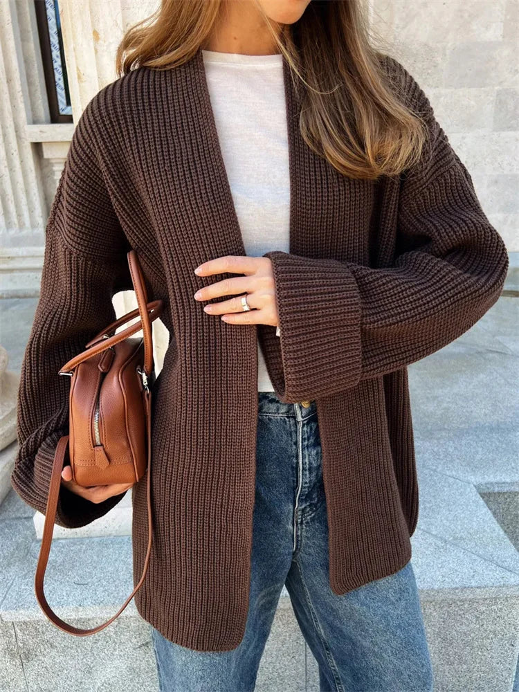 Elegant Ribbed Knit Lace-Up Cardigan Coat