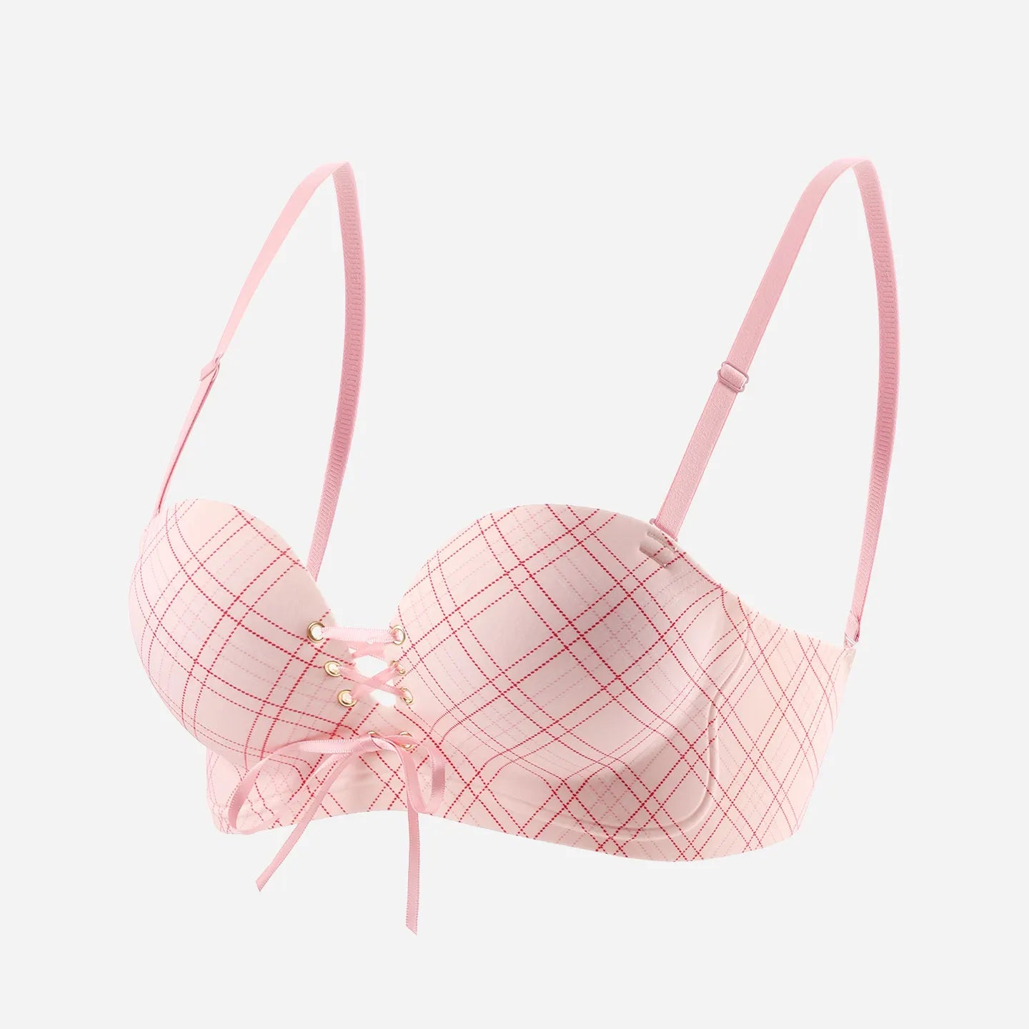 Sekushī Na Cute Pink Check Pattern Bra for Petite Bust A Size Push Up Lightweight Seamless Backless Women’s Top BANERDANNI  っぽい