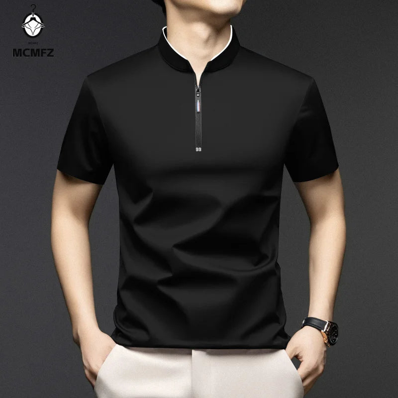 Men's Casual Zipper Polo Shirt - Slim Fit Short Sleeve Stand Collar Polo