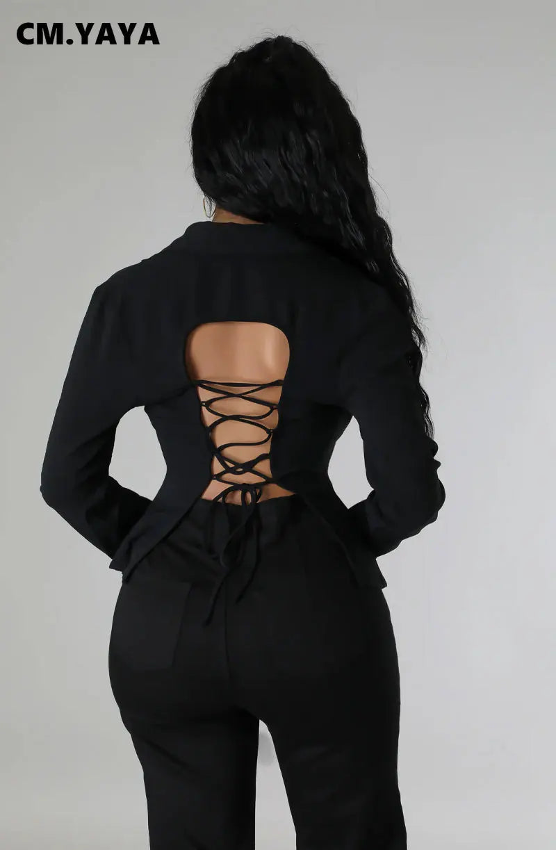 CM.YAYA Women Fashion Lace Up Backless Flare Long Sleeve Single Breasted Solid Streetwear Blazers Tops