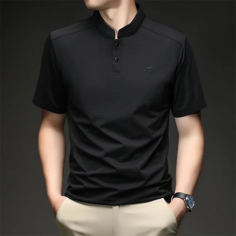 Mens Mandarin Collar Sport Polo Shirt Short Sleeve Casual Tops With Two Button Neck Comfortable Breathable Mesh Tees For Men