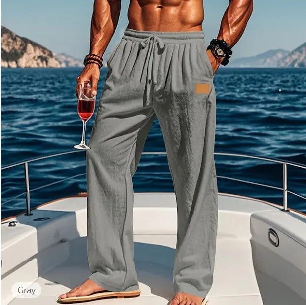 2026 Summer Men's Cotton and Linen Oversized Wide Leg Pants, Men's Artistic Style Elastic Waist Solid Color Casual Loose Pants