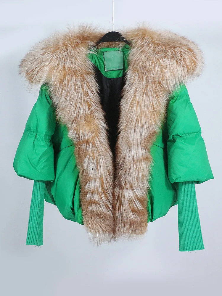 Loose Natural Real Fox Fur Collar Coat Thick New European Fashion White Duck Down Jacket Winter Women Warm Luxury Outerwear