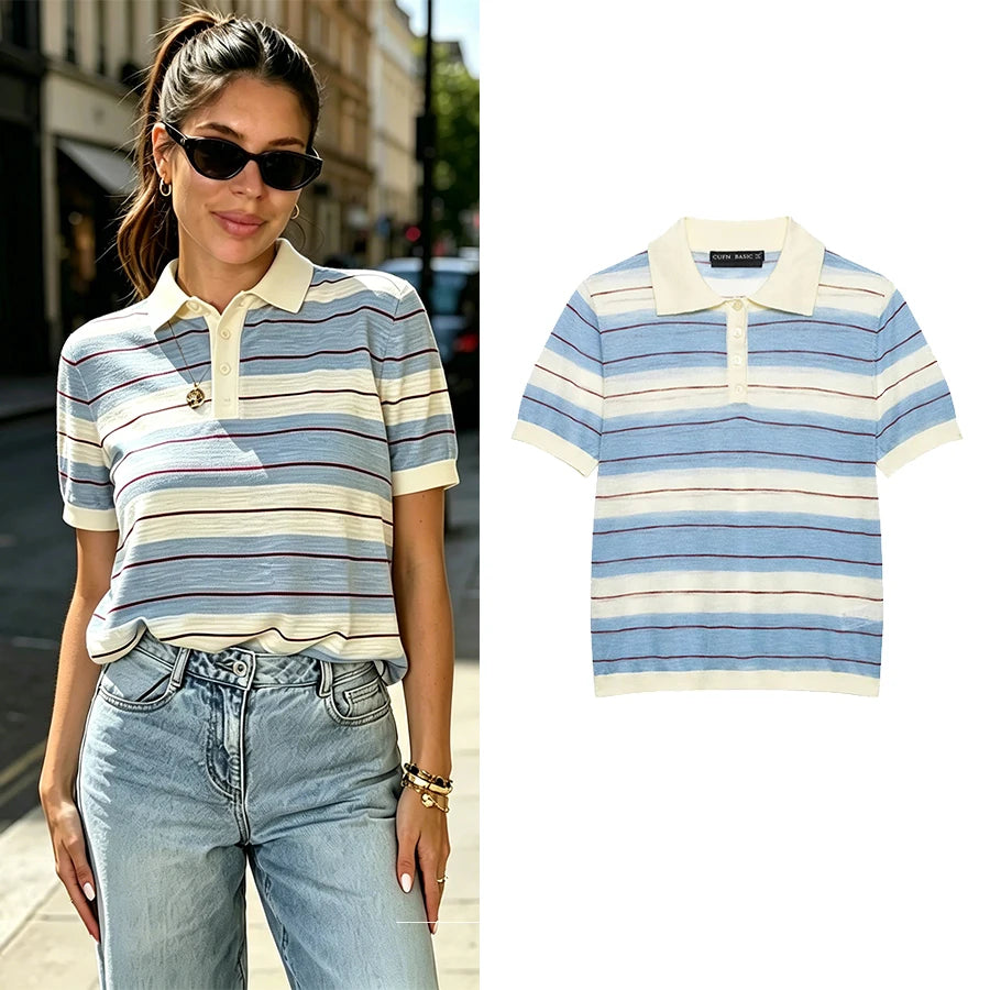 Chic Striped Polo Short-Sleeve Knitwear