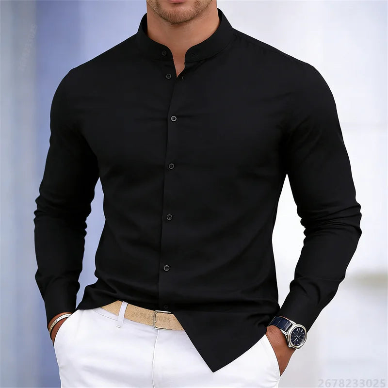 Men's Stand-Up Collar Long-Sleeve Shirt - Slim Fit Casual Business Shirt