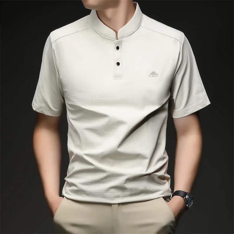 Mens Mandarin Collar Sport Polo Shirt Short Sleeve Casual Tops With Two Button Neck Comfortable Breathable Mesh Tees For Men