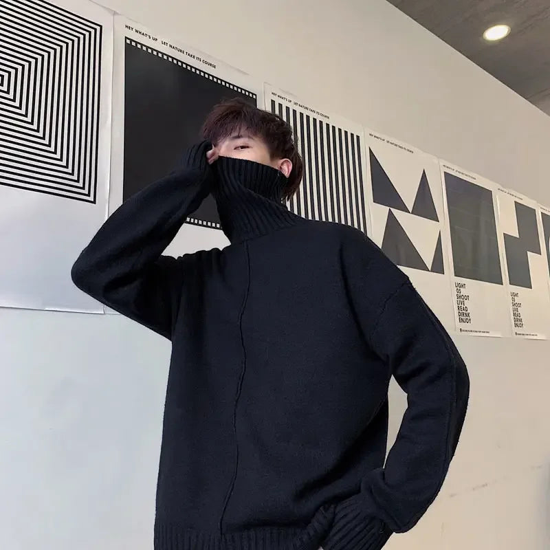 Men's Oversized Turtleneck Sweater - Casual Loose Fit Knitted Pullover