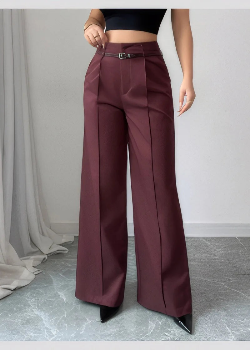 High Waist Solid Pants For Women Casual Belt Wide-leg Trousers Ladies With Pockets Office Wear Pants Pantalones Mujer Summer