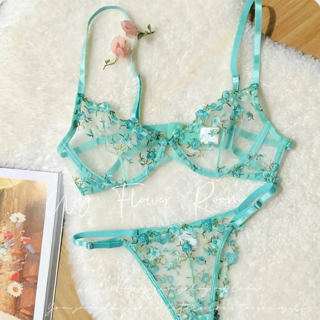 Pure and Sensual Lingerie for Girls, Summer's Super Beautiful Floral Embroidery Sweet and Sexy Mesh Bra, Fresh Flowers