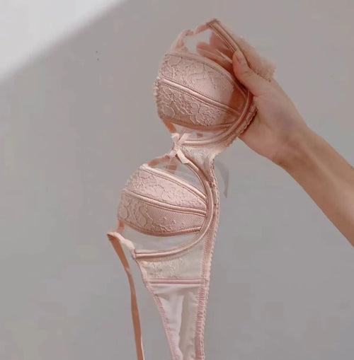 2025 New  Bra French Sexy Lace Underwear Women's Transparent Bra Big Breasts Show Small Upper Support Anti-sagging Bra Set