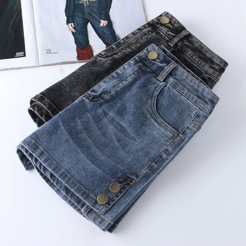 Women High Waisted Denim Shorts Versatile Chic Button Design Hot Short Jeans Woman Streetwear A-Line Wide Leg Cowboy Shorts