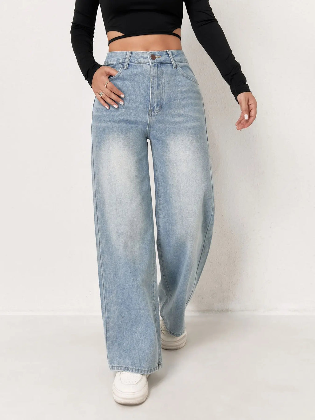 Women's High-Waisted Wide-Leg Jeans – Light Wash Denim Pants