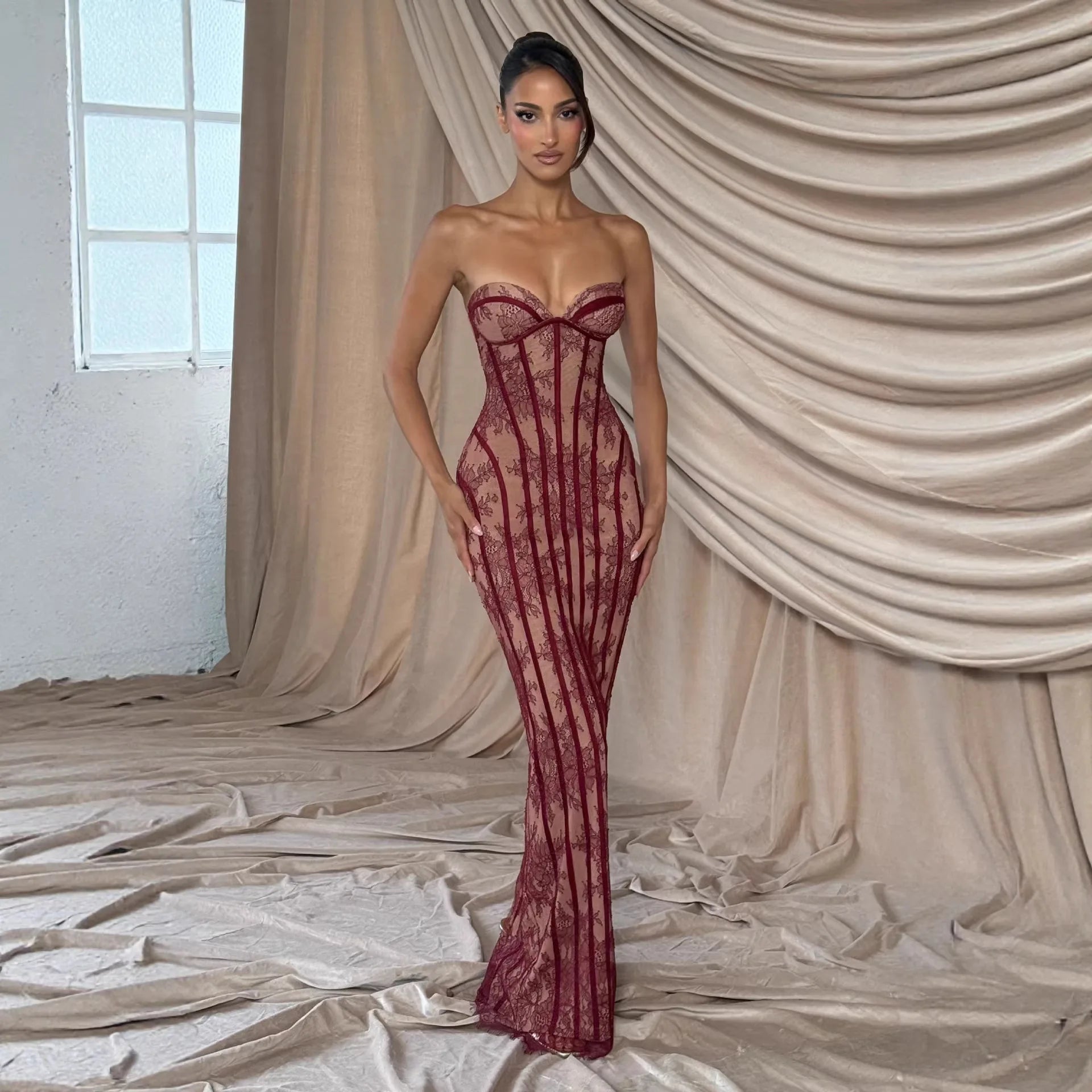 Strapless Elegant Party Dresses Strip Bodycon Evening Maxi Wedding Guest Woman Lace Up Backless Dress 2026