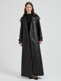 Lautaro Spring Autumn Extra Long Brown Pu Leather Trench Coat for Women Sashes Luxury Chic Overcoat Runway European Fashion 2024