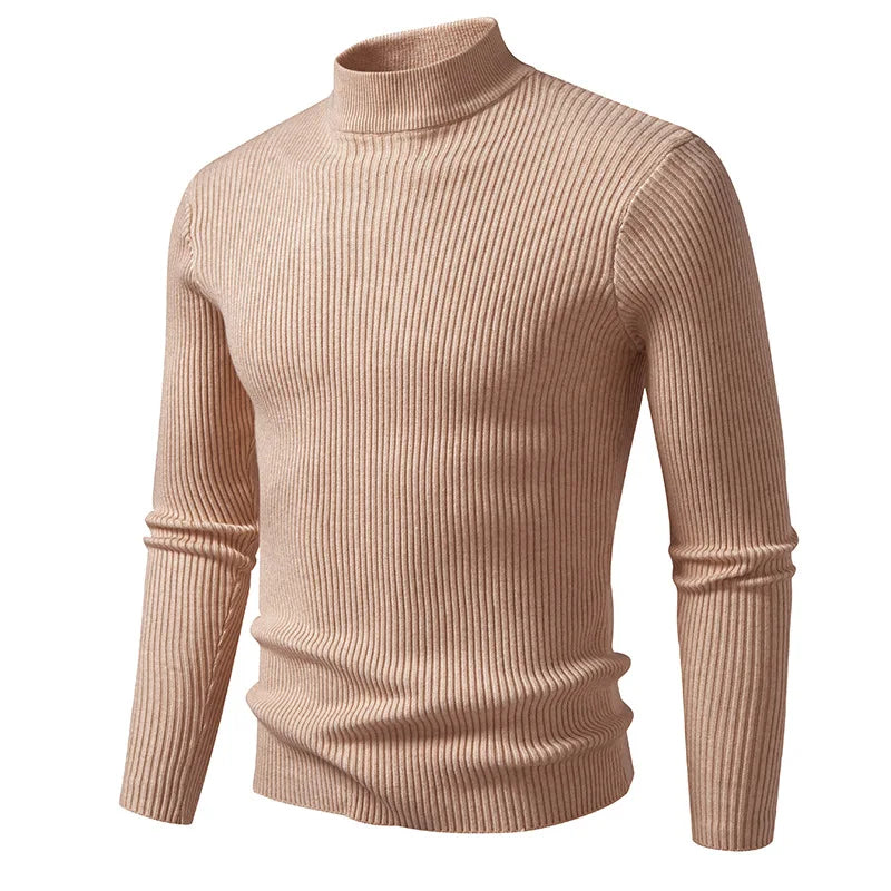 Slim Fit Men's Knitted Sweater Half High Collar Solid Color Base Layer