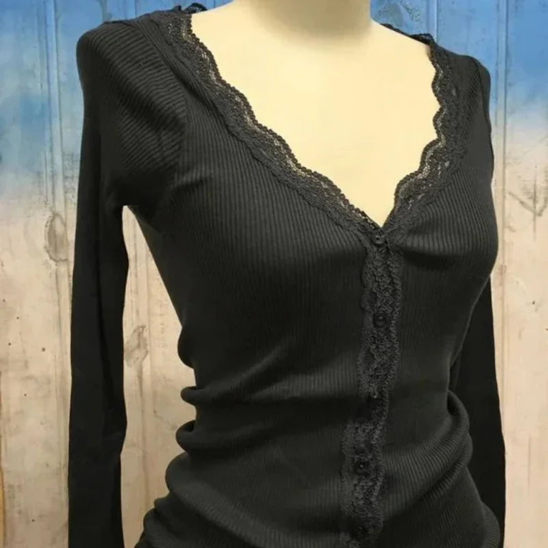 Tossy Casual Knitwear Lace V-Neck Cardigan Women Slim Solid Long Sleeves Commuting