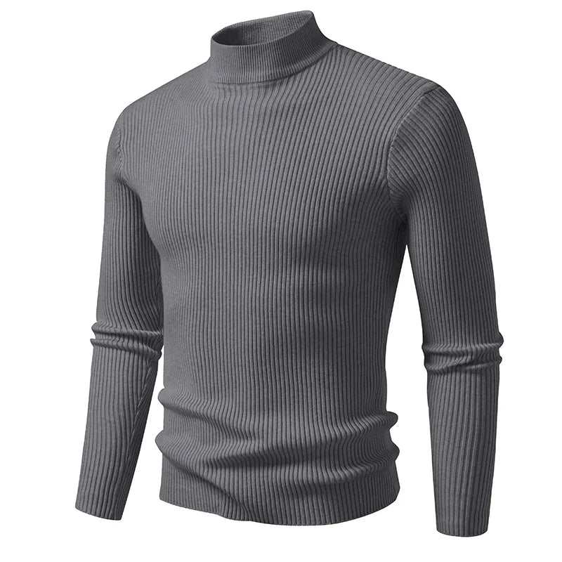 Slim Fit Men's Knitted Sweater Half High Collar Solid Color Base Layer