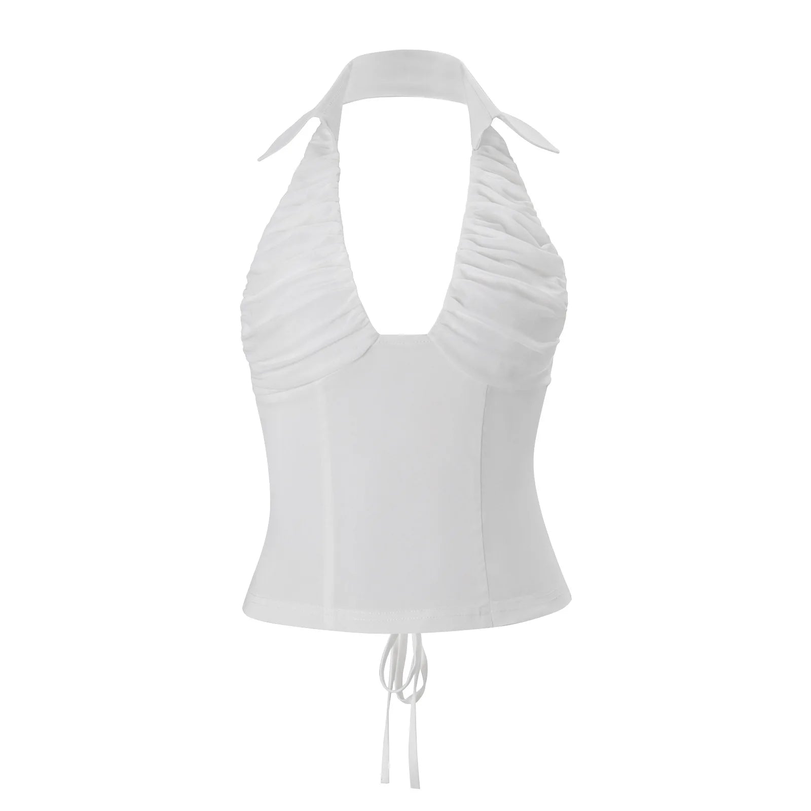Stylish Halter Crop Tops Ruched Chest Lapel V-neck Backless Lace Up Tight-fitting Summer Clothes Tank top